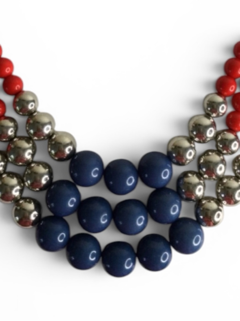 Triple‑Strand Red, Silver & Navy Patriotic Beaded Statement Necklace - Picture 9 of 12